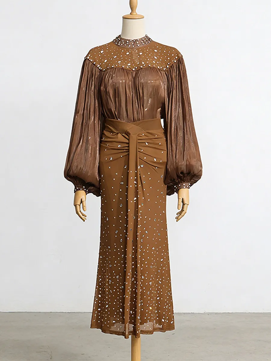 Isadora Mesh Lantern Sleeve Rhinestone Two Piece Set