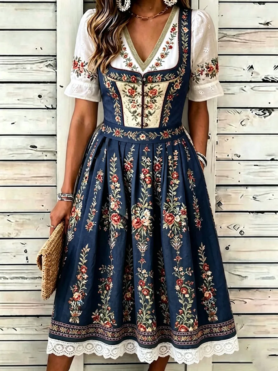 Women'S German Bavarian Vintage Floral Dress