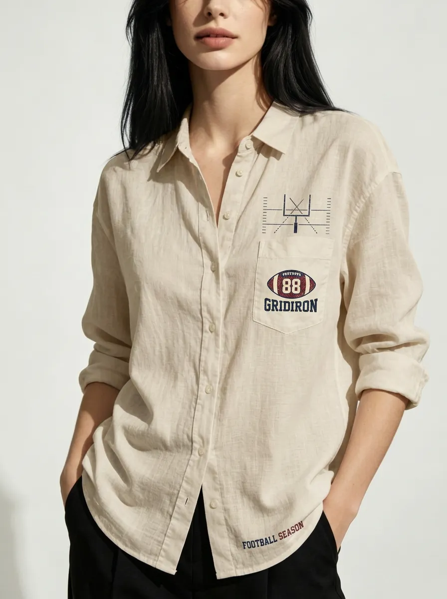 Women's Football Fan Gridiron Printed Button-down Shirt