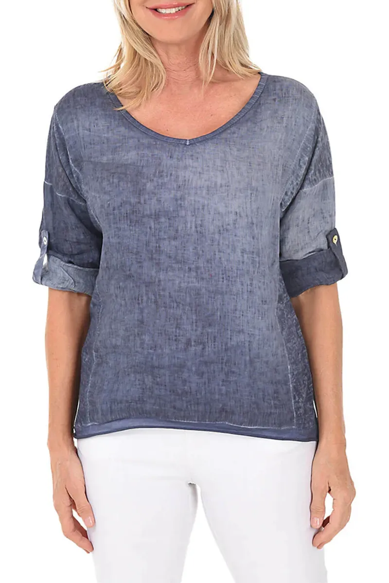 Roll-Tab Linen Blouse