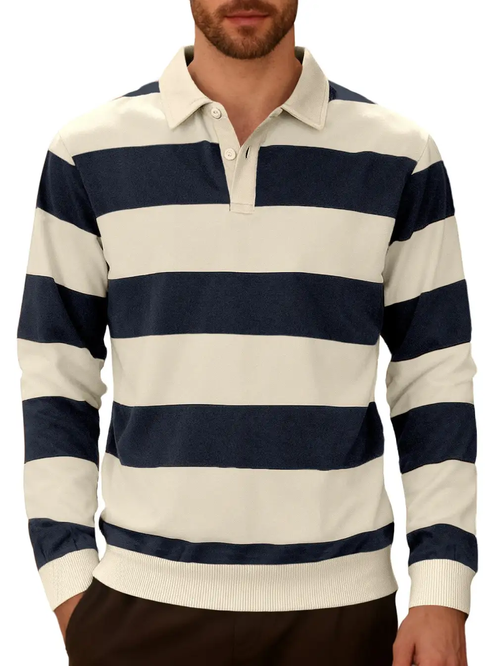 Men's Striped Rugby Polo With A Classic Collar Two-button Placket And Ribbed Hem