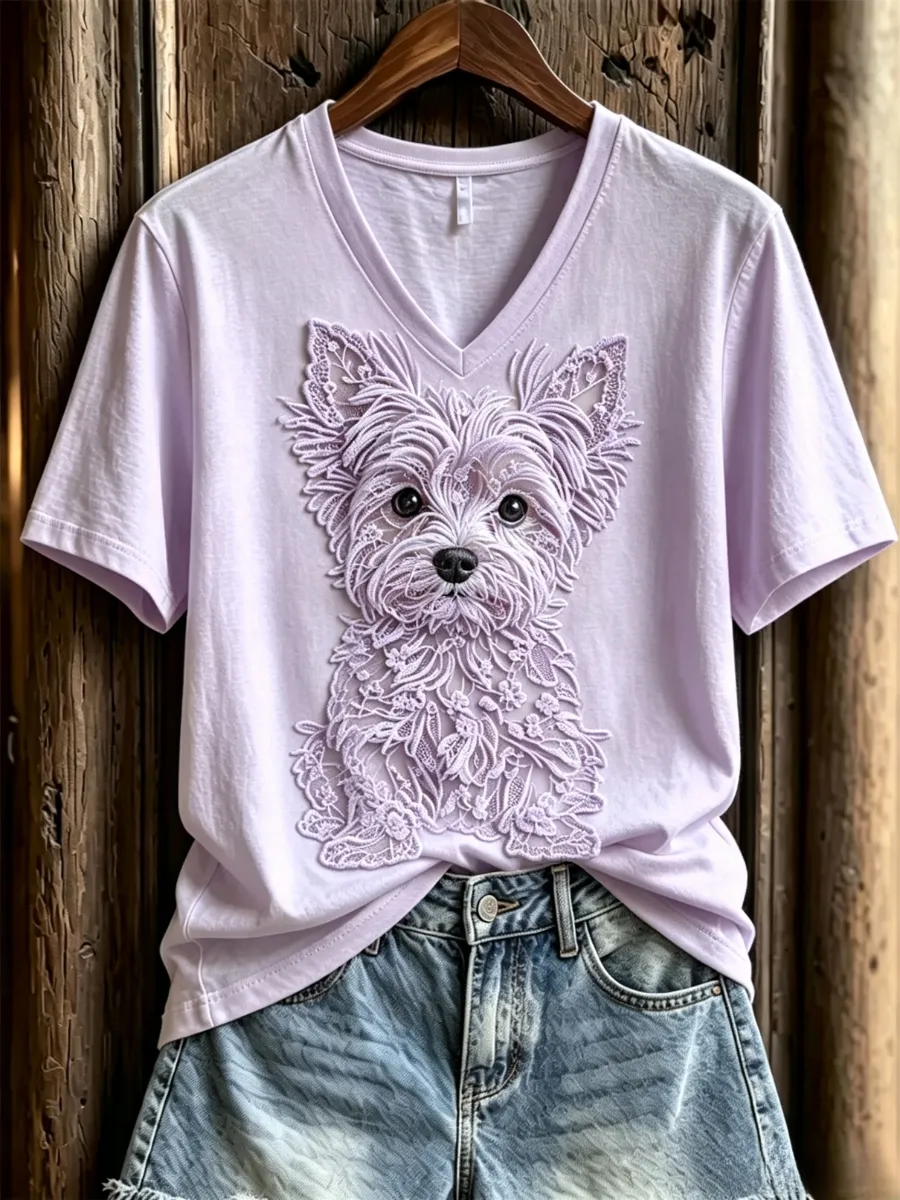Women'S Dog Love Day Lace Art Pattern Printed V-Neck T-Shirt