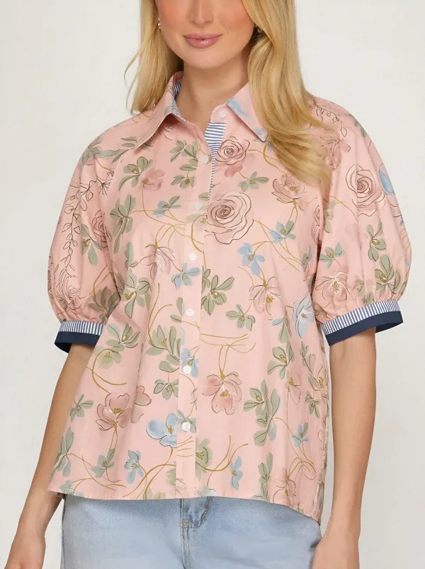 Women's Vintage Floral Botanical Printed Puff Sleeve Shirt