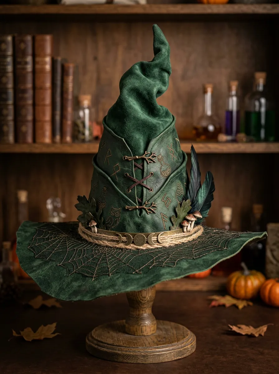 Mushroom Feather Occult-Motif Halloween Witch Hat