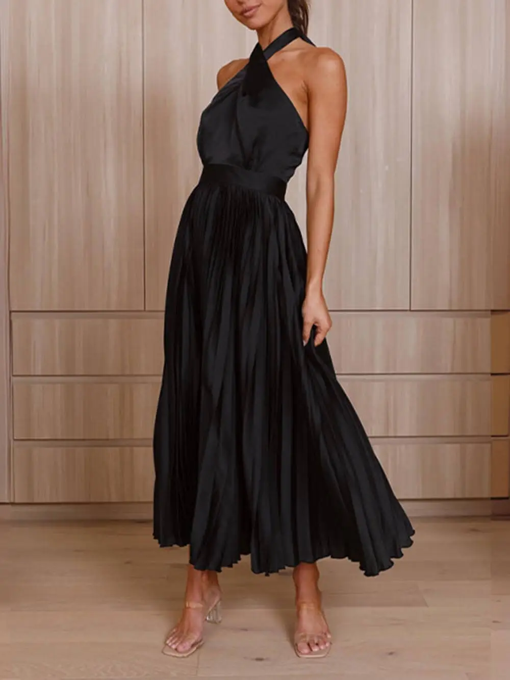 Neckline Pleated Vacation Occasion Dresses Midi Dress