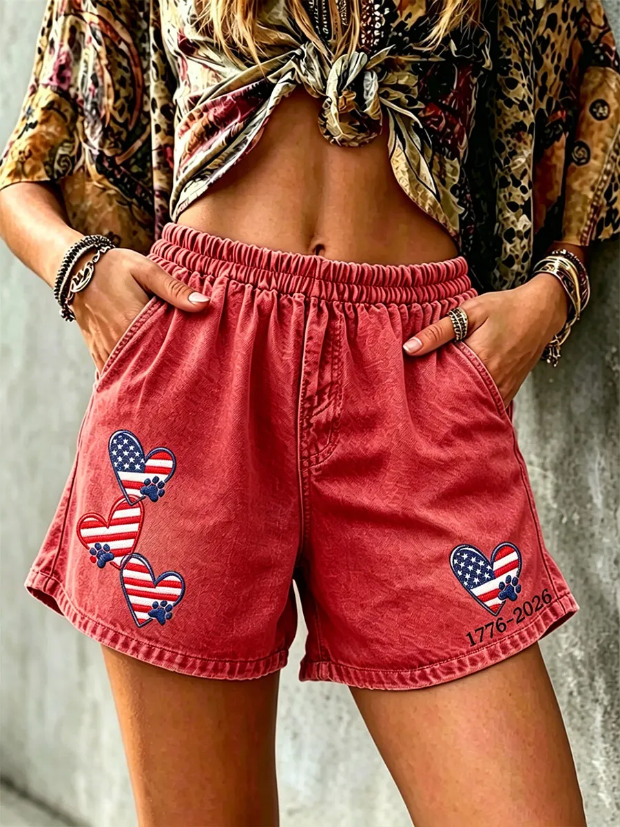 Women's American flag paw print shorts