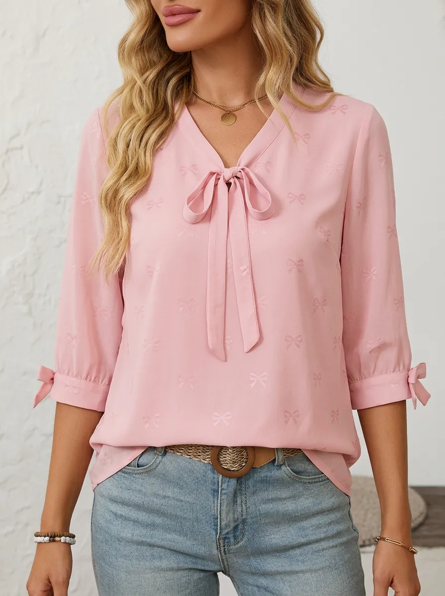 Women's V-neck Tie-neck Jacquard Blouse
