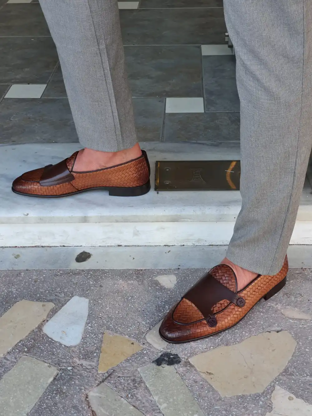 Woven Leather Double Monk Strap Loafers