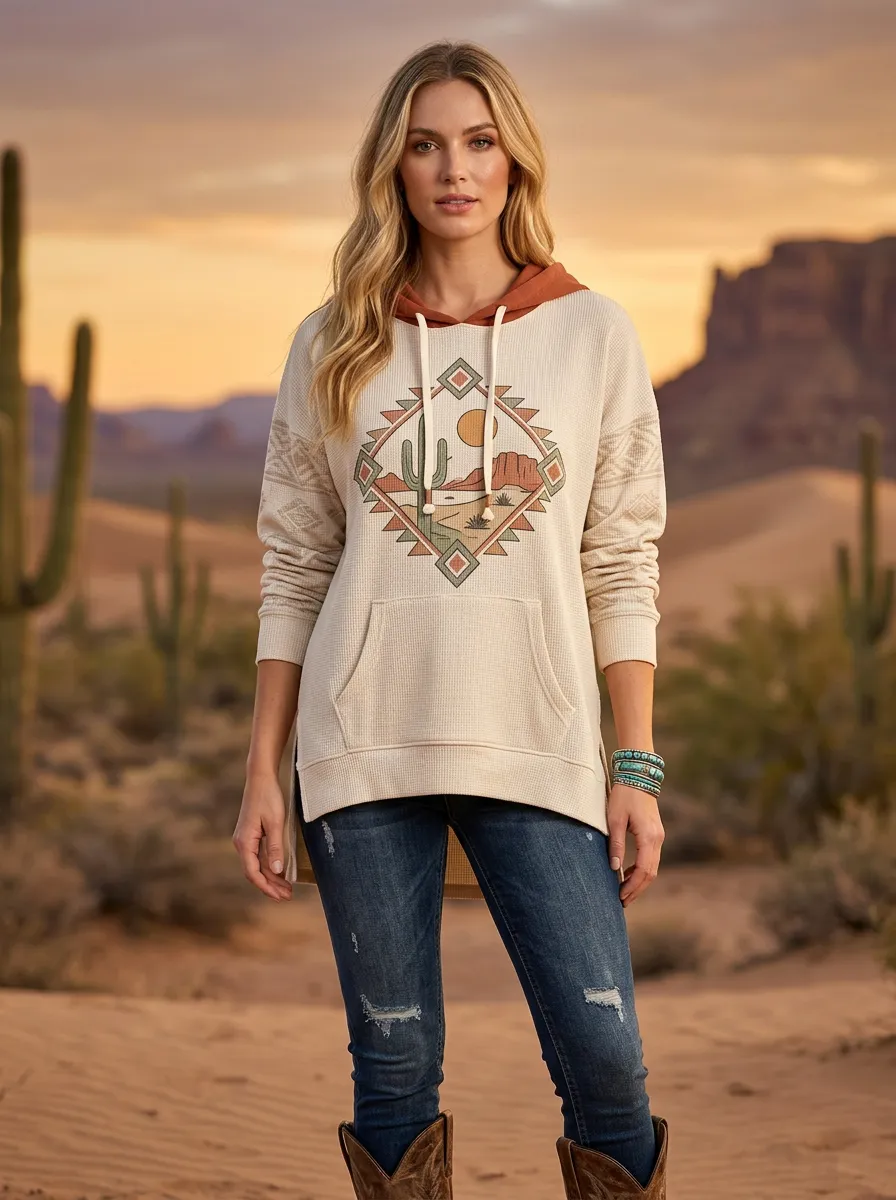 Women's Western Desert Cactus Geometric Hoodie
