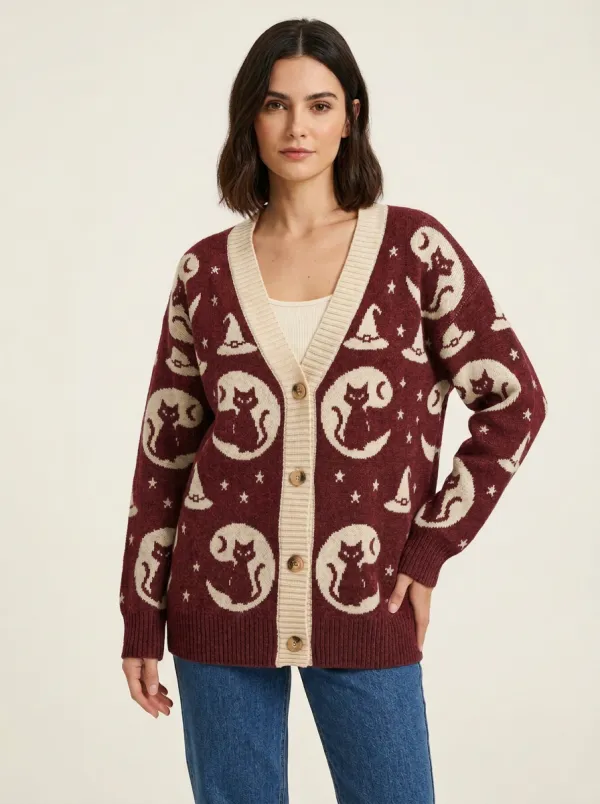 Women's Cat Moon Witch Hat Halloween Knit Cardigan