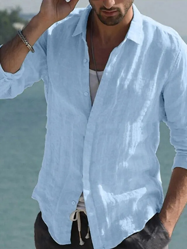 Men's Button-Front Casual Linen Shirt