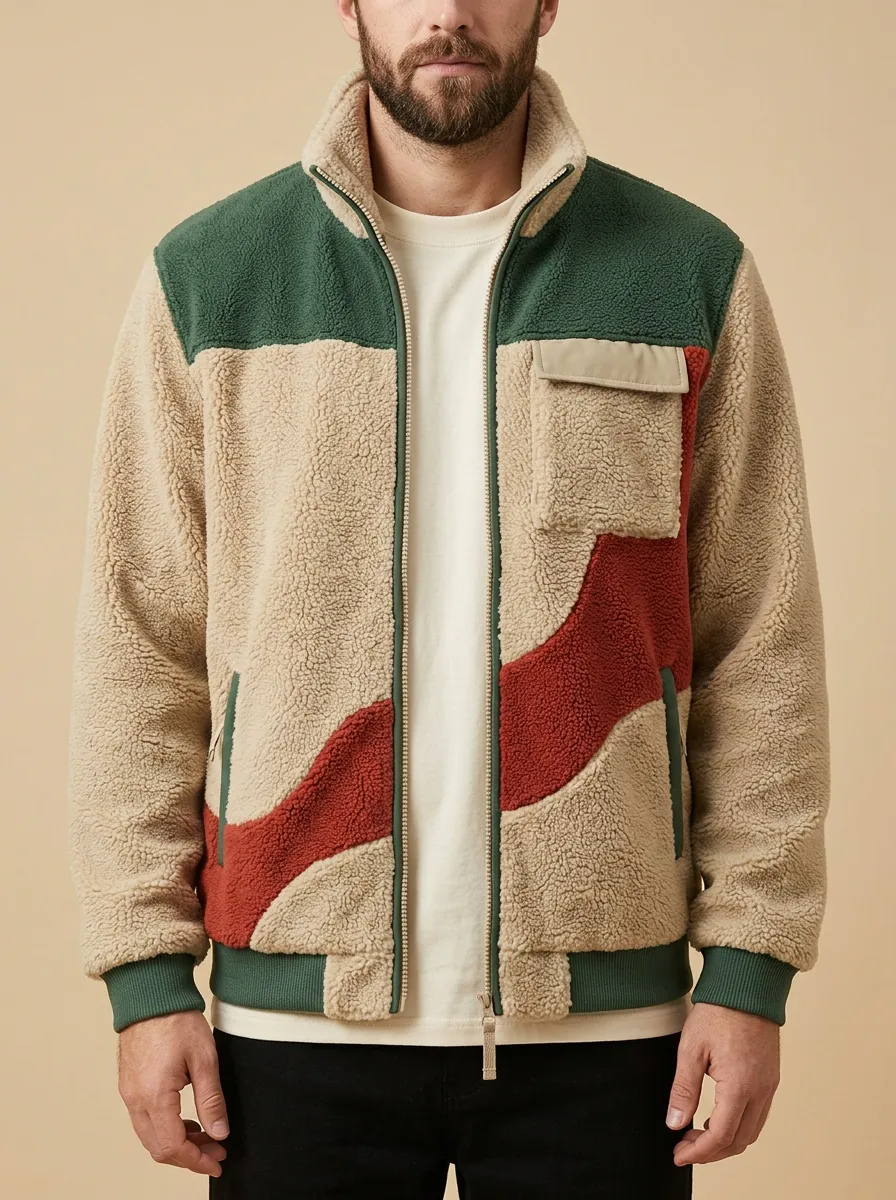 Colorblock Geometric Sherpa Fleece Jacket