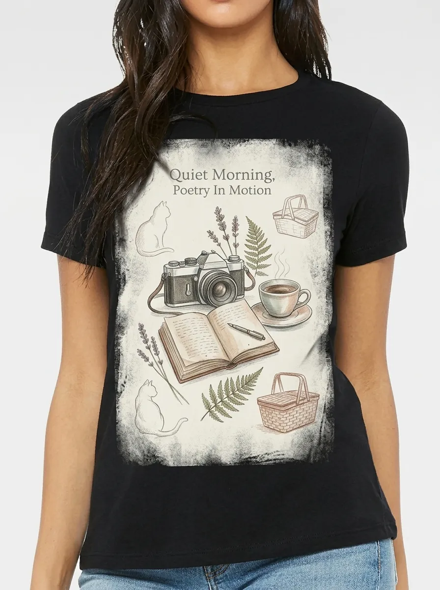 Women's Aesthetic Poetry Camera Cat Coffee Printed T-shirt