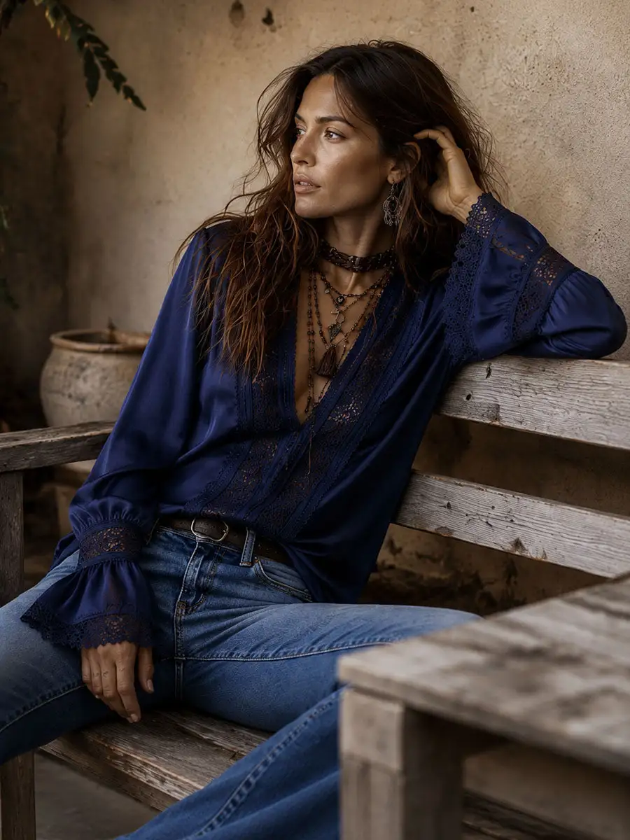 Boho Navy Satin Lace Trim Flare Long Sleeve Blouse
