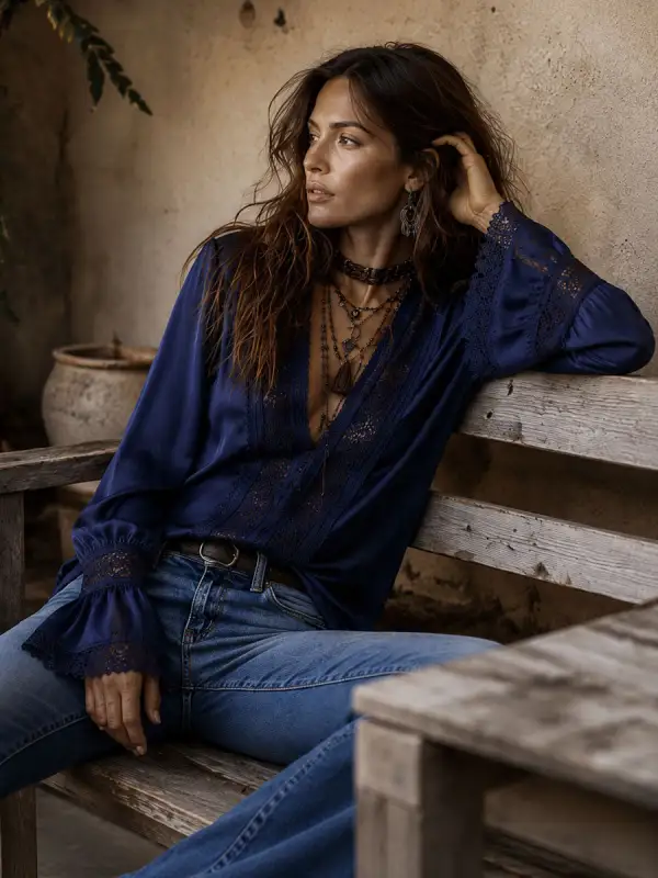 Boho Navy Satin Lace Trim Flare Long Sleeve Blouse