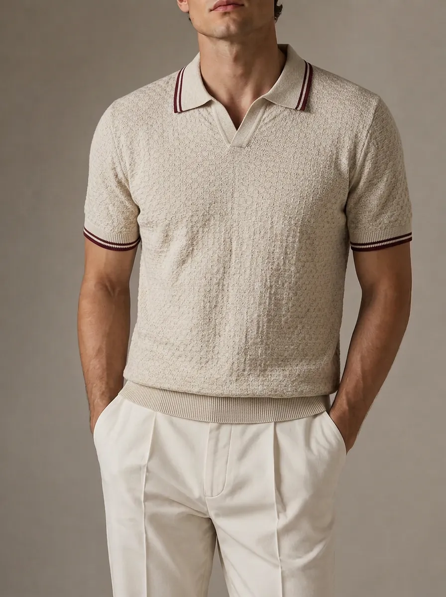 Men's Textured Knit Polo Shirt with Contrast Trim Featuring Short Sleeves