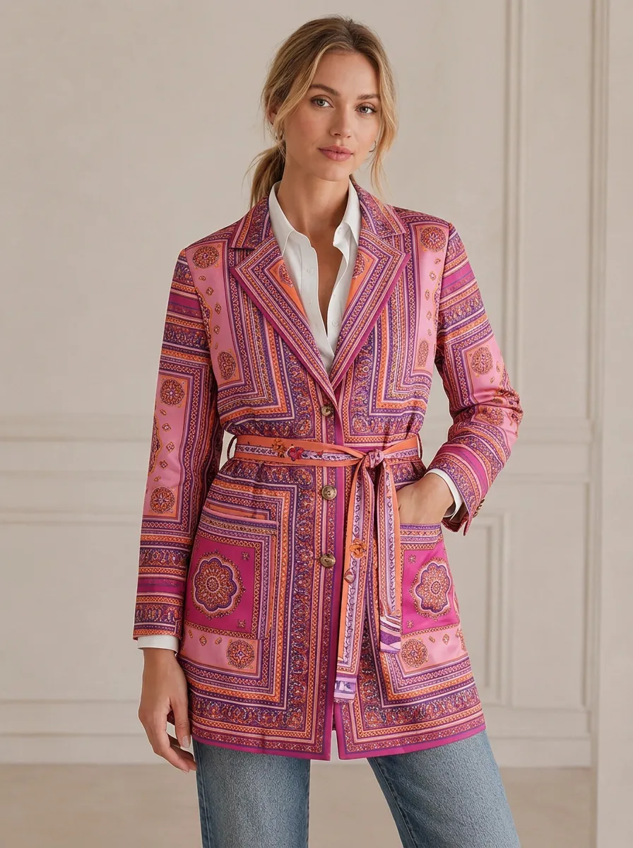 Women's Boho Paisley Geometric Printed Belted Blazer Jacket