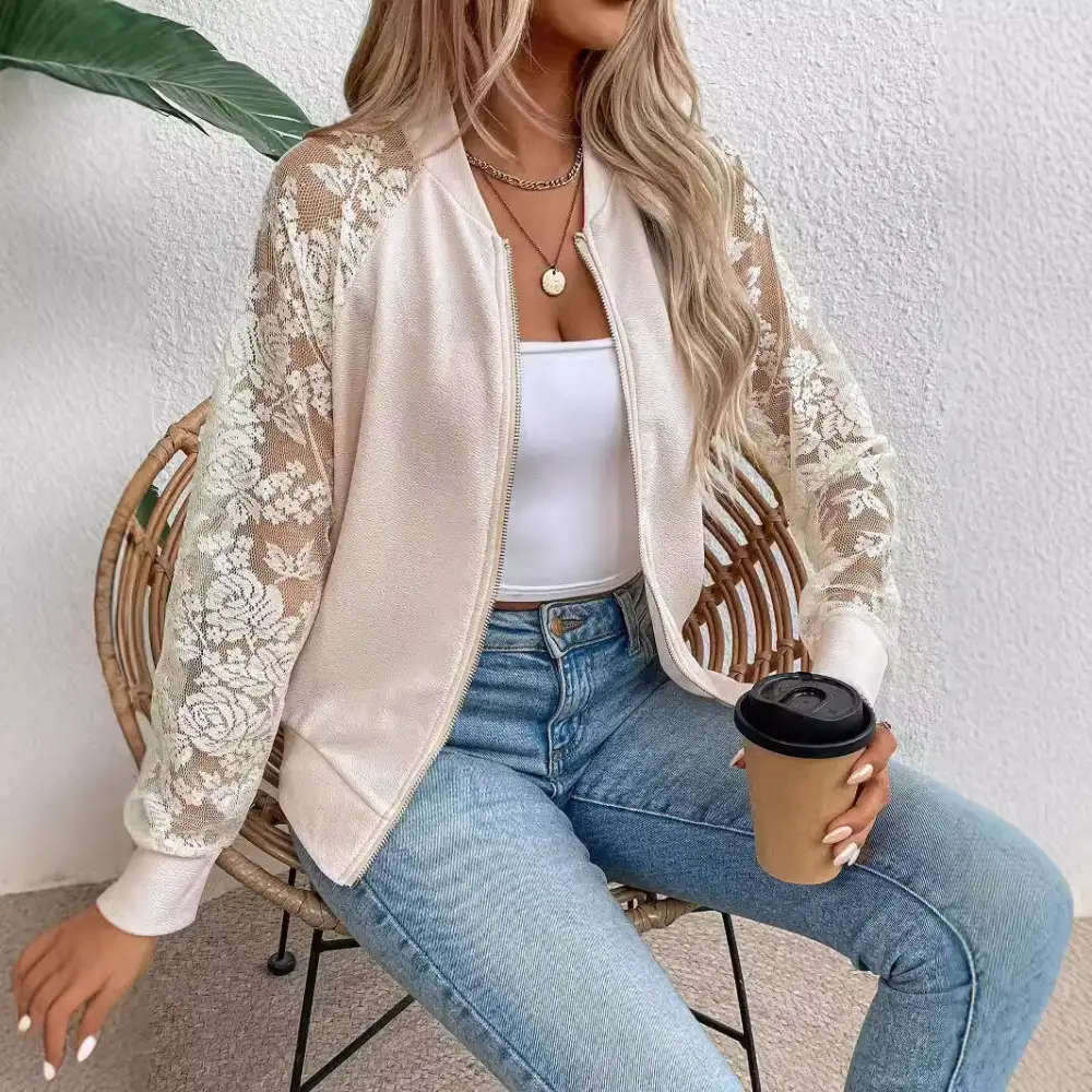 Floral Detail Zip Front Bomber Jacket