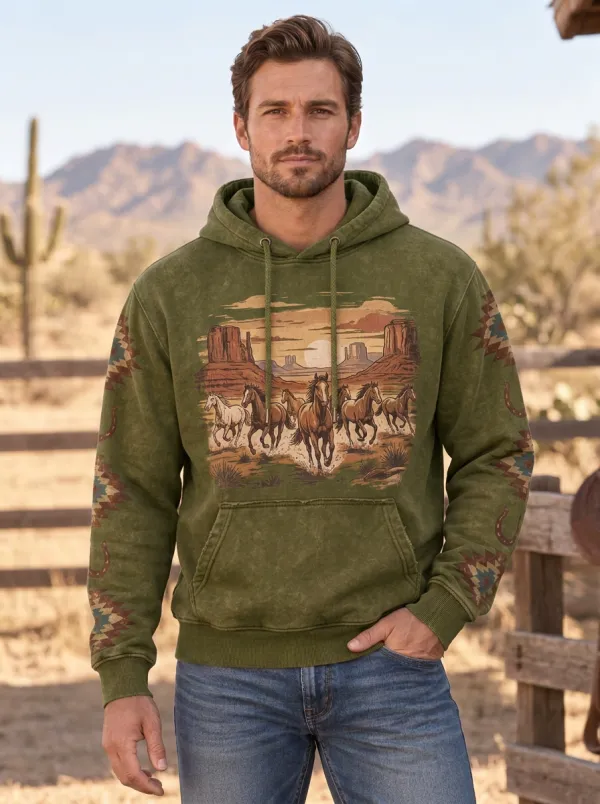 Men's Open Range Inspired Western Cowboy Horse Desert Graphic Hoodie