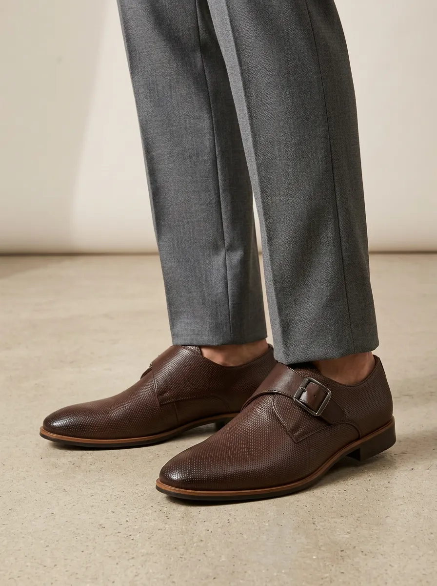 Men's Modern Business Formal Perforated Leather Monk Strap Shoes