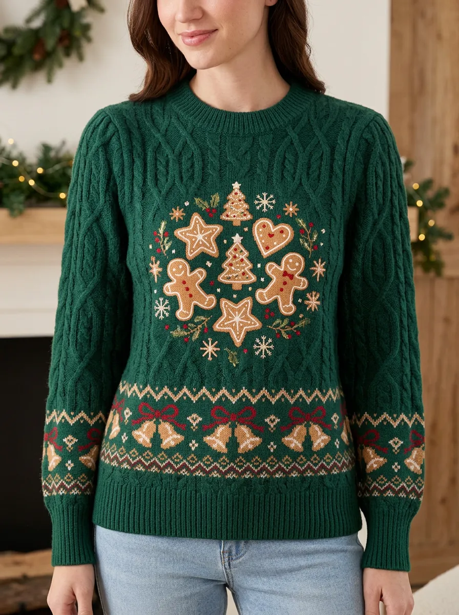 Christmas Gingerbread Man Snowflake Bell Print Sweater