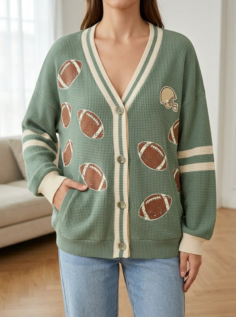 Women's Varsity Football Fan Helmet and Ball Printed Waffle Knit Cardigan