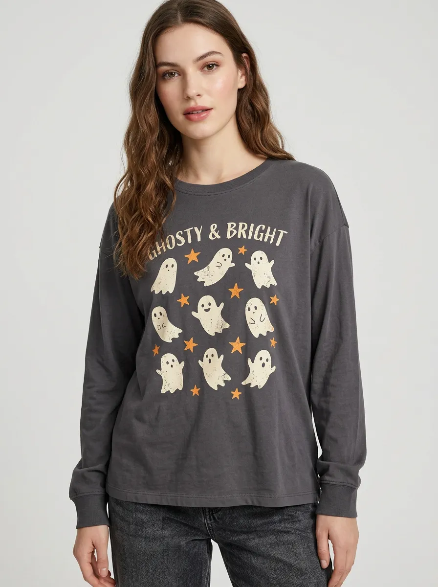 Women's Halloween Ghosty & Bright Stars Printed Long Sleeve T-shirt