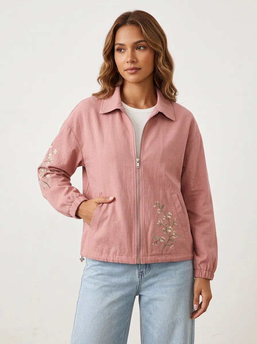 Women's Floral Aesthetic Pink Embroidered Zip-up Jacket