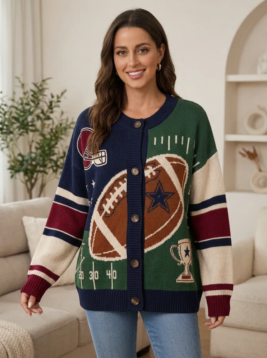 Women's Classic Modern Gridiron Helmet Trophy Ball Knit Cardigan