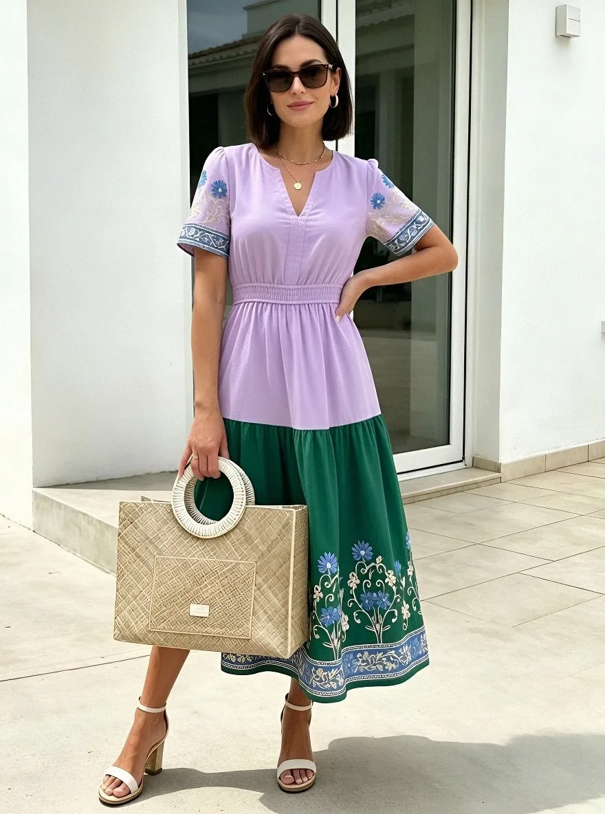 Women's Summer Vacation Blue Floral Embroidered Printed Dress