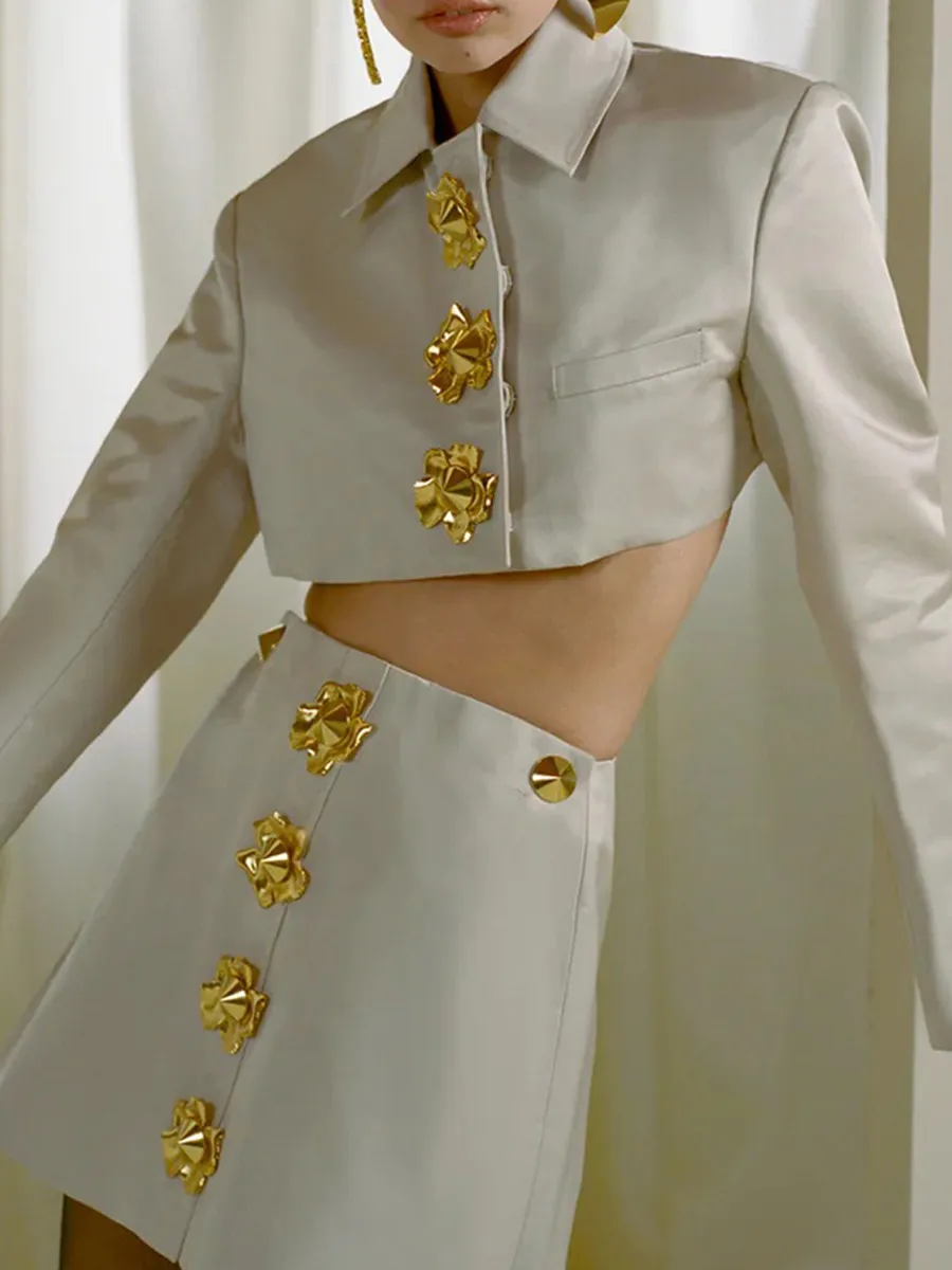 Inez Metal-Buttoned Shirt Skirt Set