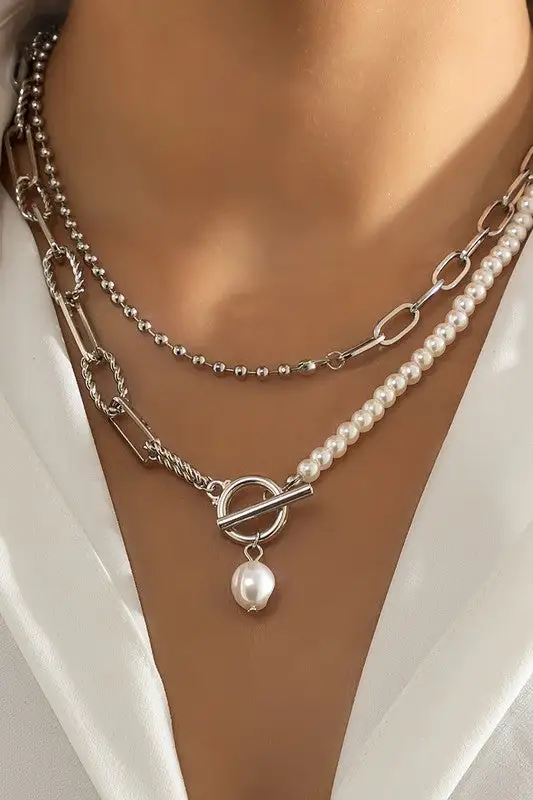 Chain With Pearl Double Layer Toggle Necklace