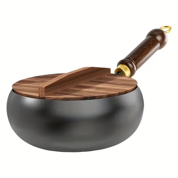 Durable Cast Aluminum Wok with Wooden Handle, Kitchen Essential for Stir-Frying and Simmering