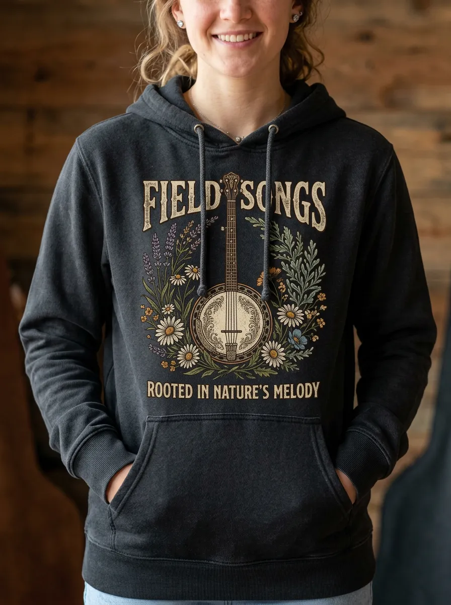 Acoustic Country Music Banjo Floral Pullover Hoodie