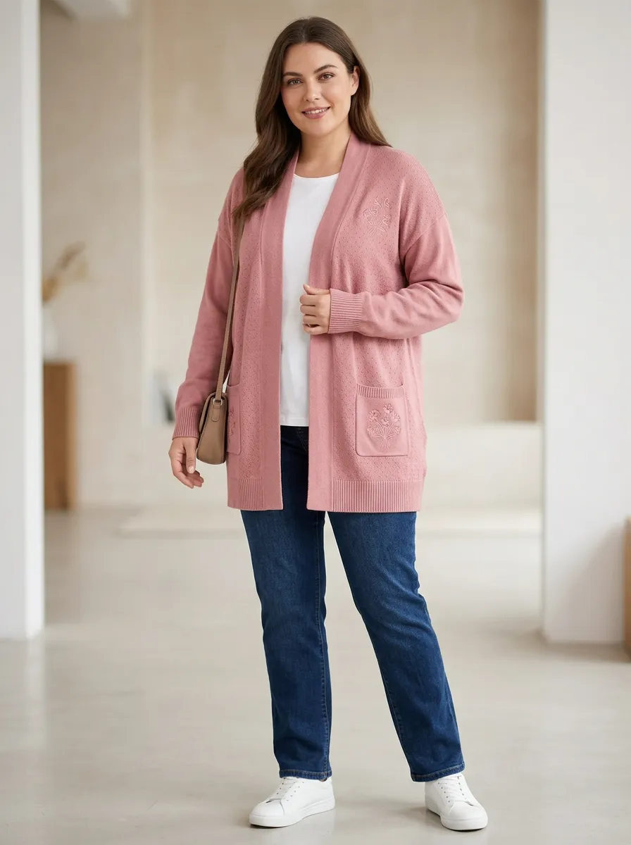Women's Floral Embroidery Pink Knitted Cardigan