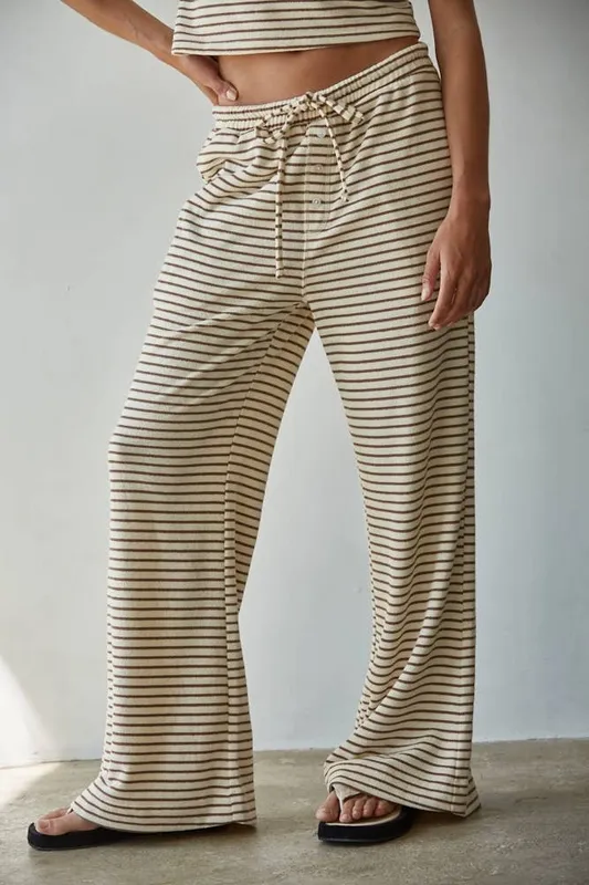 Cream Striped Cotton Blend Pants