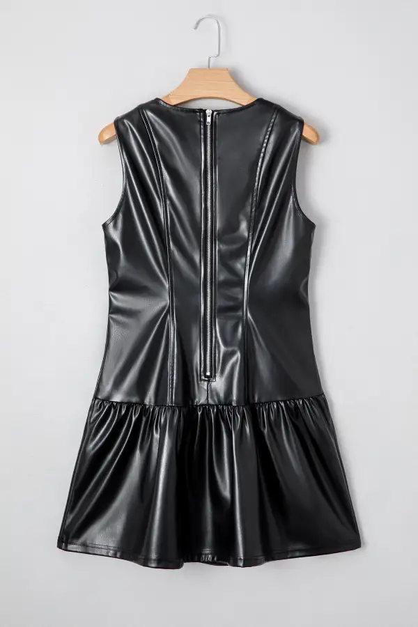 Faux Leather Ruffle Hem Sleeveless Mini Dress