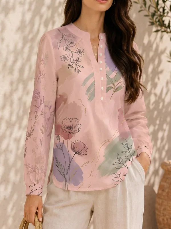 Women's Floral Art Watercolor Botanical Printed Henley Shirt