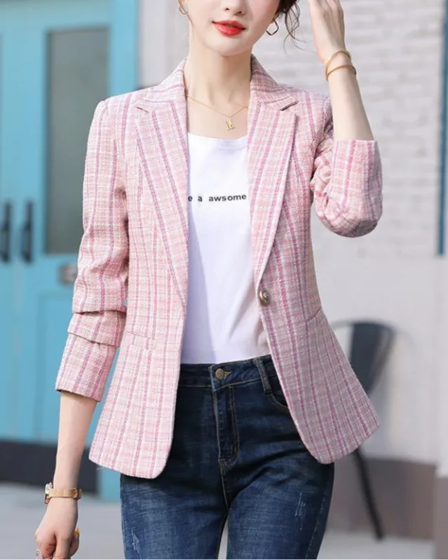 Open-Front Plaid Patterned Tweed Tailored Blazer
