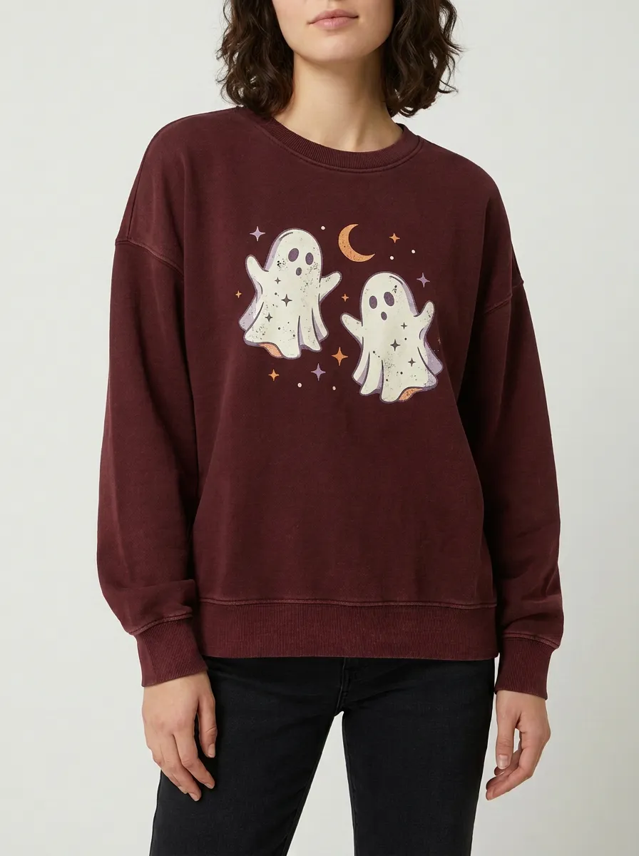 Women's Halloween Spooky Ghost Moon Stars Printed Sweatshirt