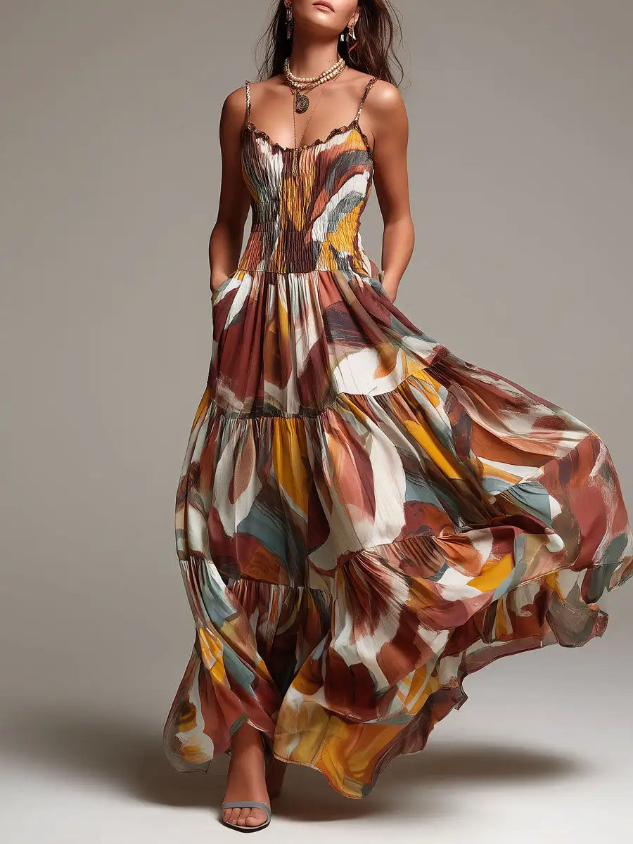 Boho Abstract Multicolor Smocked Bodice Maxi Dress