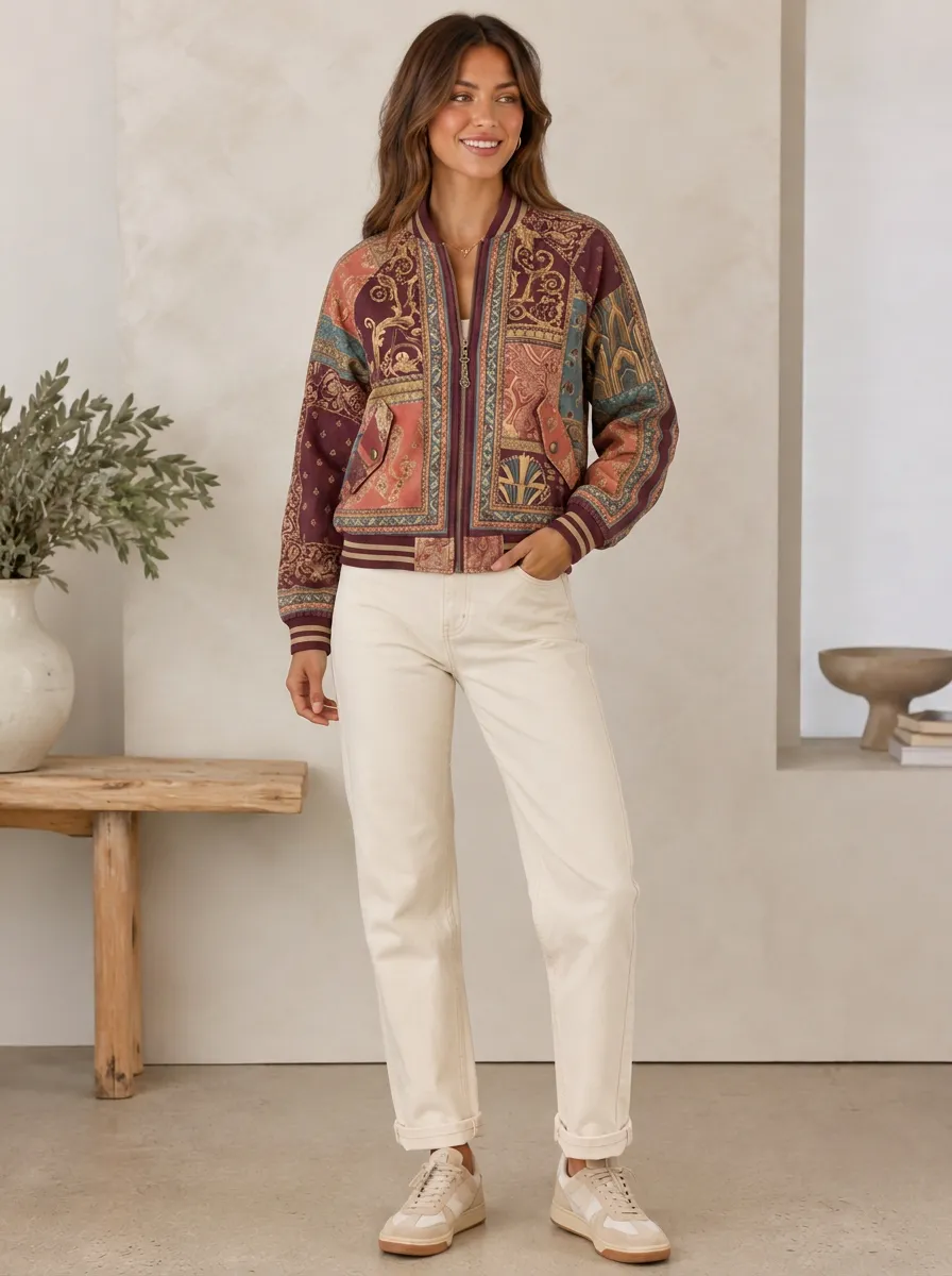 Women's Bohemian Paisley Patchwork Ribbed Hem Bomber Jacket
