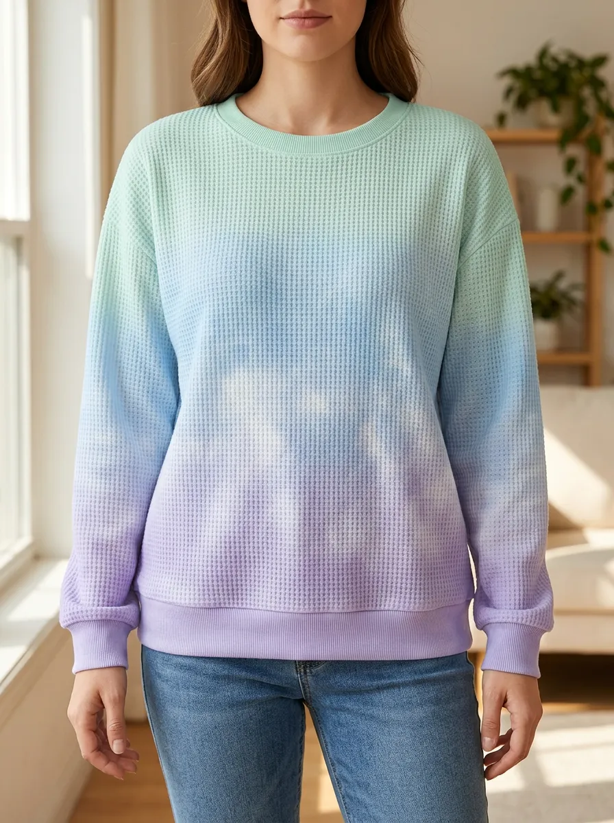 Women's Ombre Tie Dye Printed Waffle Knit Crewneck Sweatshirt