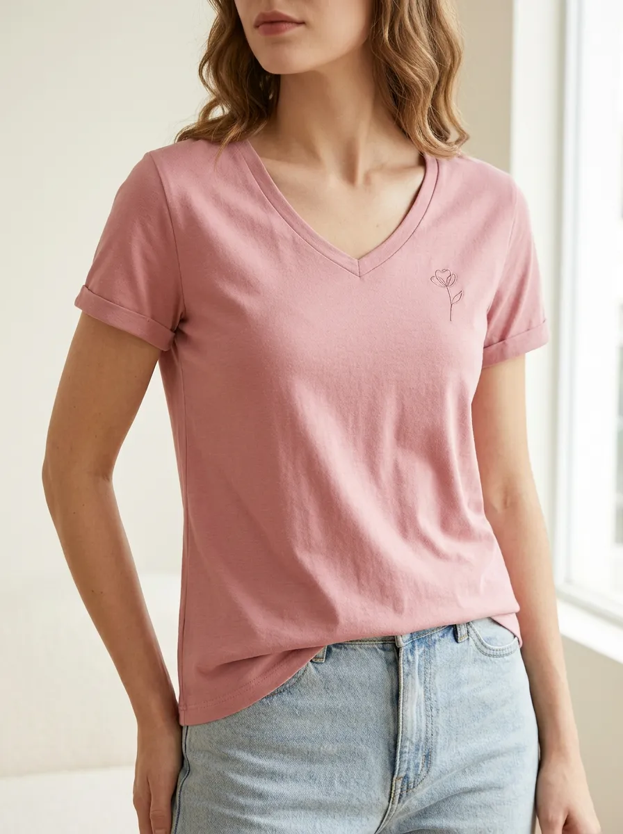 Women's Minimalist Floral Line Art Printed V-Neck T-Shirt