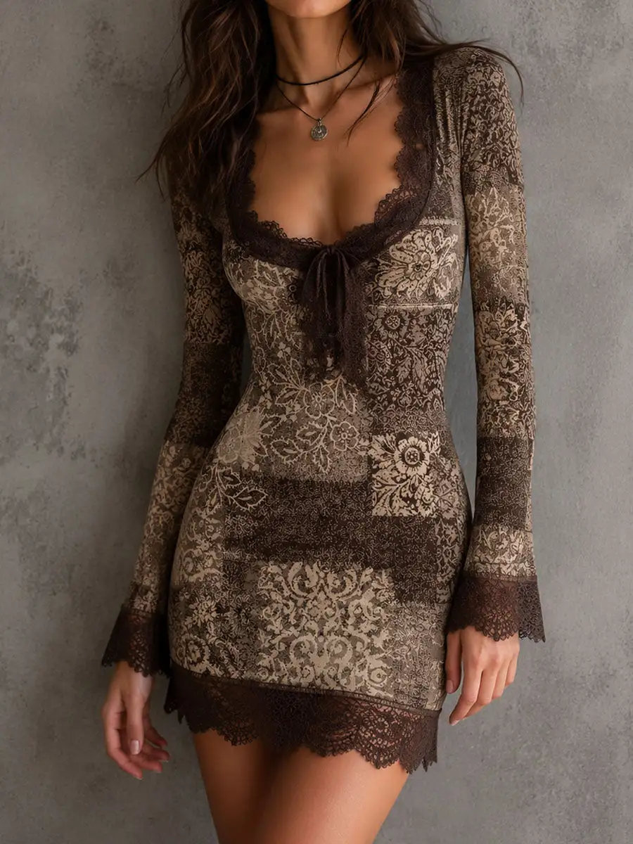 Retro Patchwork Floral Print Lace Edge Mini Dress