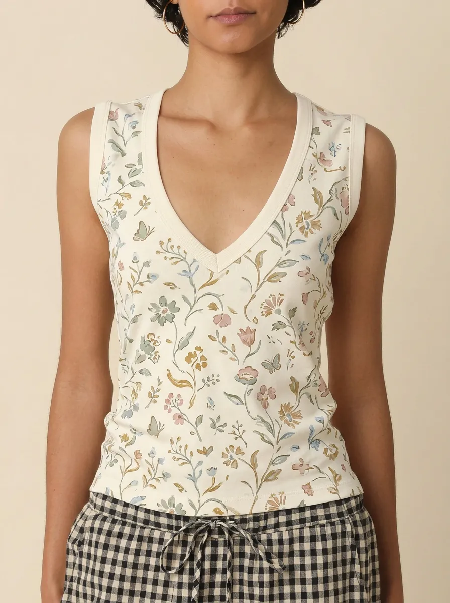 Women's Botanical Floral Butterfly Printed V-Neck Tank Top