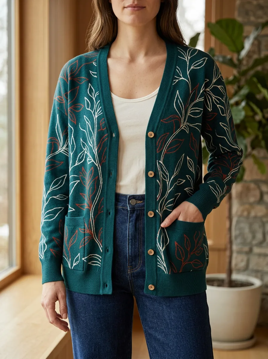 Women's Nature Lover Botanical Leaf Printed V-Neck Relaxed Layering Cardigan