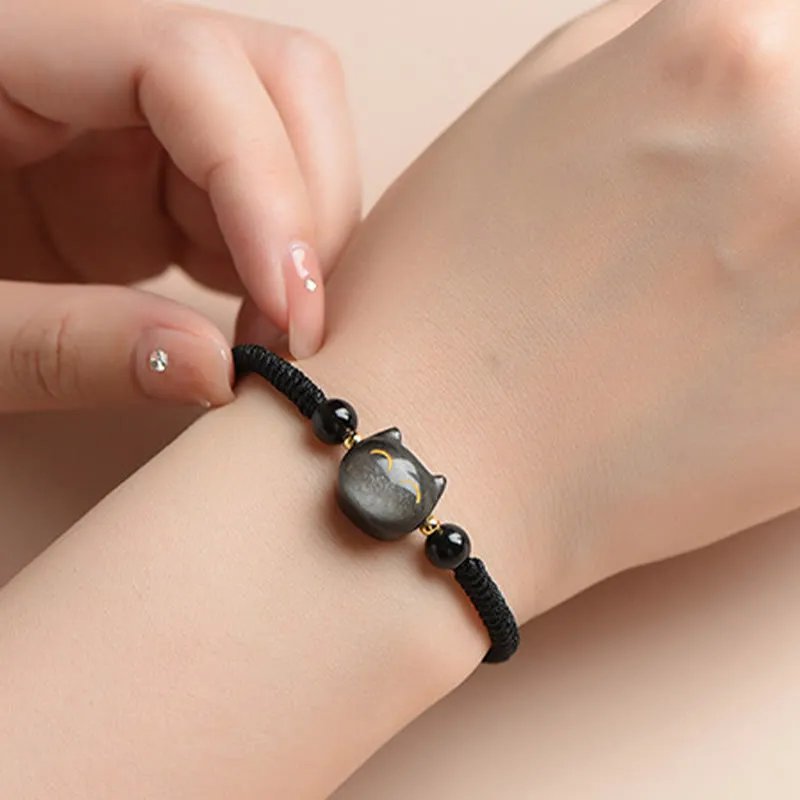 Handmade Natural Obsidian Strawberry Quartz Cute Cat Bracelet