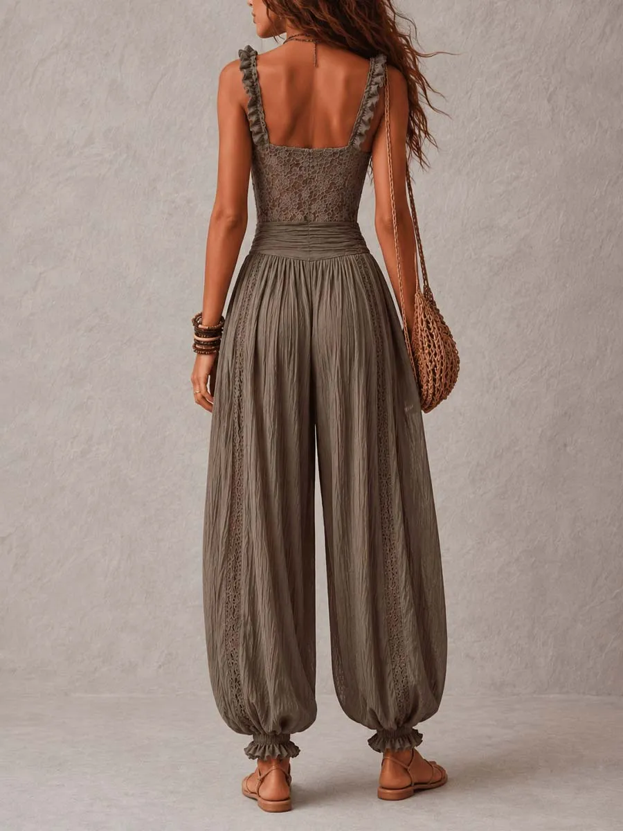 Bohemian Taupe Lace Bustier And Crinkle Cotton Harem Pants Set