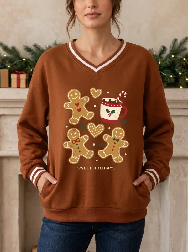 Christmas Gingerbread Man Cocoa Print Sweatshirt